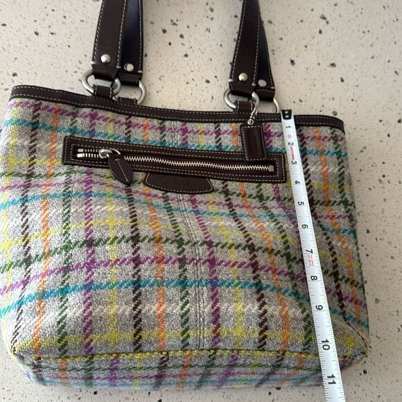 COACH Penelope Wool Tattersall Tweed Leather Trim Tote Shoulder Hand Bag Top Zip - Picture 7 of 13